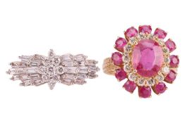 A diamond ballerina ring and a cocktail ring; the ballerina ring in 18ct yellow gold, centred with a