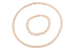 A flattened curb link necklace and bracelet set; the necklace of 43.0cm, to a lobster clasp, and a m
