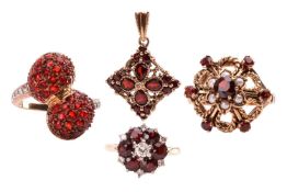 A small collection of gem-set jewellery items; to include a garnet and diamond floral cluster ring i