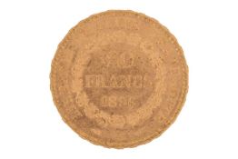 A France 1896 gold 20 Francs coin with Guardian Angel Genius writing the constitution on tablet.