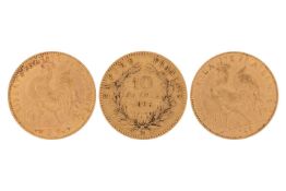 Three France 10 francs coins; to include an 1863 Napoleon III coin with laureated head to the right;