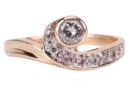A diamond-set dress ring, of asymmetrical swirl design, collet-set with a central brilliant-cut diam