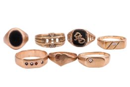 A group of 9ct gold rings, to include two signet rings set with cubic zirconia, with Birmingham hall