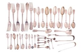 A set of six Victorian fiddle pattern table forks, monograms engraved to terminals. London 1859 and 