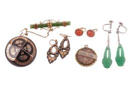 A small group of late Victorian jewellery items; to include a pair of carved chrysoprase earrings wi