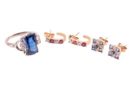 A dress ring and two pairs of gem-set earrings; the ring centred with a bar-cut synthetic spinel, be