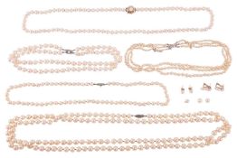 A collection of cultured akoya pearl necklaces and earrings, to include; a single strand necklace, w