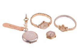 A group of watches and a pocket watch: The first a Rolex Oyster Precision 15mm wrist watch, featurin