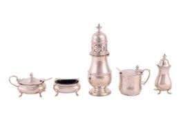 A three-piece silver condiment set by Elkington & Co Ltd.; a silver sugar castor with an urn fin
