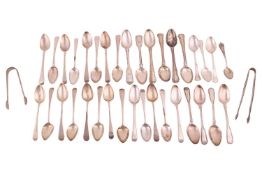 A mixed collection of silver tea spoons, various dates and makers, including a set of five George II