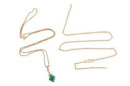 A paste-set pendant necklace and a chain; the green rhomboid pendant to a cross surmount and tapered