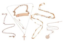 A group of chains; comprising three fine trace chain necklaces, each with C-spring clasps stamped 