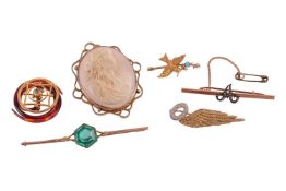 A collection of six gem-set brooches; comprising a swallow highlighted by a turquoise cabochon, stam