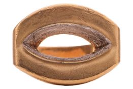 A modernist ring mount (stone deficient), comprising a slightly concave oval panel with a vacant mar