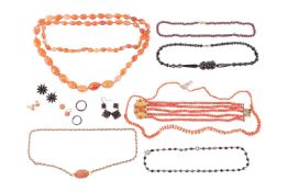 A quantity of coral and other beaded jewellery to include; a Victorian Etruscan revival chain neckla