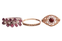 A collection of three rings; comprising a colourless gem-set ring, with UK hallmarks for 9ct gold; a