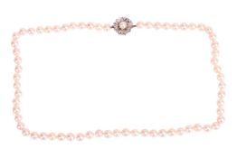 A single-strand cultured akoya pearl necklace, the pearls of cream body with pinkish overtones, meas