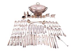 A mixed quantity of silver and silver plate including a large silver plated soup tureen and cover, t
