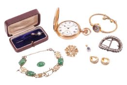 A collection of jewellery and costume jewellery; to include an opal, emerald and diamond stick pin, 