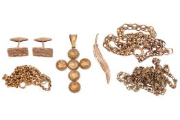 A group of jewellery items; to include a fancy link chain comprising alternating beaded and rope-twi