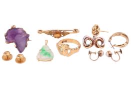 A collection of jewellery, comprising an amethyst pendant depicting Africa, a pair of knot earrings,