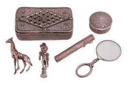 A small group of mixed items; comprising a filigree rectangular box, in unmarked white metal; a silv