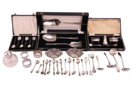 A small group of mixed items comprising a boxed case of silver coffee spoons, two pierced silver bon
