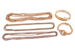 A small group of gilt jewellery items comprising a Victorian cameo-set bracelet, a paste-set hinged 