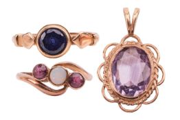 Two gem-set rings and an amethyst pendant; to include a dress ring collet-set with a circular-cut sy