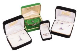A small collection of jewellery items; to include a cased square-cut amethyst suite comprising a pen
