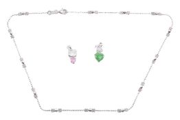 Two Chow Sang Sang heart-shaped pendants and a fancy link chain; first to include a heart-cut pink s