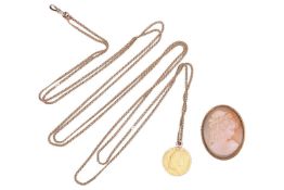 A George III half-guinea pendant on a double curb link chain, with a swivel clasp at the end, overal