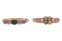 Two gem-set rings; comprising an opal and diamond-set dress ring, featuring a central cluster of fou
