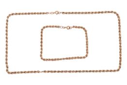 A 9ct gold twisted rope chain necklace and matching bracelet, the twisted rope chain necklace measur