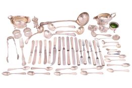 A mixed collection of items comprising one silver soup ladle and three smaller sauce ladles, two sil