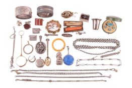 A collection of Victorian silver and silver gilt jewellery such as a blue guilloche enamel mirror, a