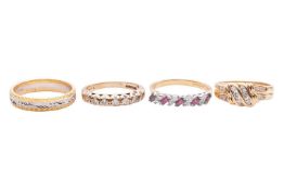 Four rings, comprising an 18ct gold diamond and synthetic ruby ring, size N, a diamond-set dress rin