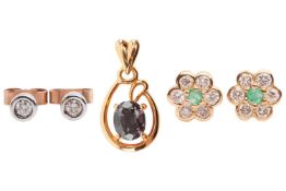 A group of jewellery to include; a pair of emerald and diamond floral studs, set in yellow gold with