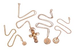 A group of pendants and chains, comprising a 9ct gold St Christopher pendant to a cable link chain s
