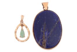A lapis lazuli pendant and a nephrite pendant, the collet-set lapis lazuli oval-shaped plaque to a t