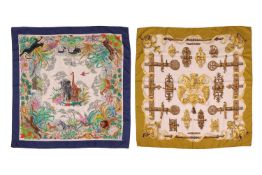 A Gucci silk scarf and an Hermès silk scarf; the Gucci square scarf of jungle theme, designed by V. 