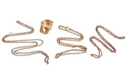 A group of three belcher chains and a ring mount; the first belcher chain surface testing as 9ct, me