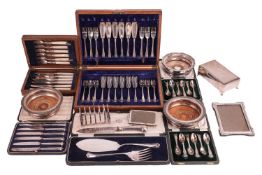 A quantity of silver and silver plate, comprising two Elkington & Co boxed sets of silver teaspo