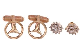 A pair of cufflinks and stud earrings; to include a pair of Mercedes-Benz logo cufflinks in 9ct yell