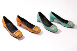 Roger Vivier - a pair of block heel pumps in aqua patent leather (size 39); another pair in orange p
