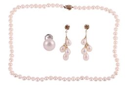 A group of pearl jewellery; to include, a cultured freshwater pearl necklace, the pearls of semi-rou