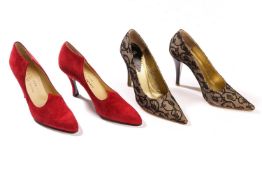 Charles Jourdan - a pair of pumps in red suede (size 8); and a pair of lace stilettos (size 8). (2) 