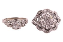 Two diamond-set cluster rings; the first of bombe style, of circular form with scalloped border, enc