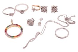 A small aggregation of gem-set jewellery items; to include three loose single earrings set with diam