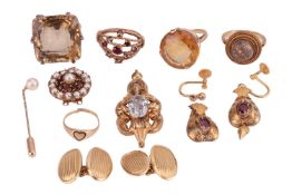 A small group of jewellery items comprising a citrine-set cocktail ring, in yellow metal tested as 1